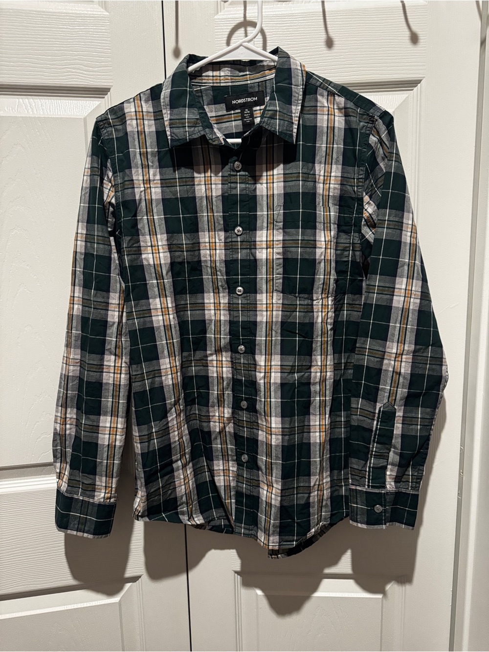 Nordstrom Dark Green Plaid Button-Down Shirt with White and Tan Accents